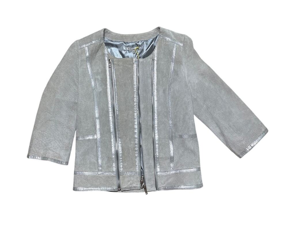 Kookai Suede Jacket Gray Size 38 Metallic Silver Trim Collarless Zip Front Moto